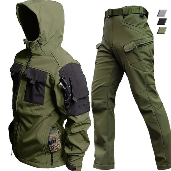 Dark Green Men's Windproof Outdoor Set with Hooded Jacket & Multi-Pocket Cargo Pants