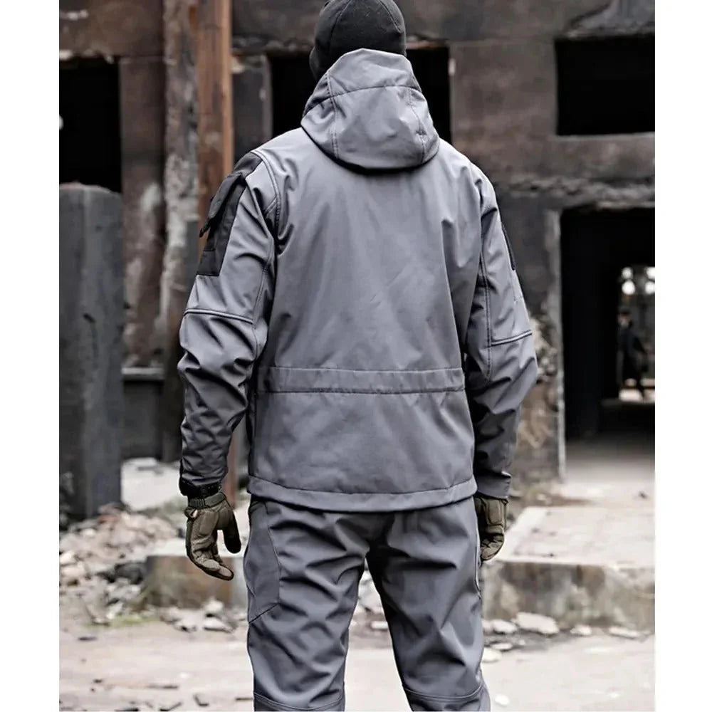 Men's Windproof Outdoor Set with Hooded Jacket & Multi-Pocket Cargo Pants - Worn Back Outdoor