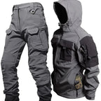 Gray Men's Windproof Outdoor Set with Hooded Jacket & Multi-Pocket Cargo Pants