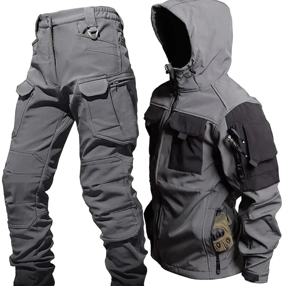 Gray Men's Windproof Outdoor Set with Hooded Jacket & Multi-Pocket Cargo Pants