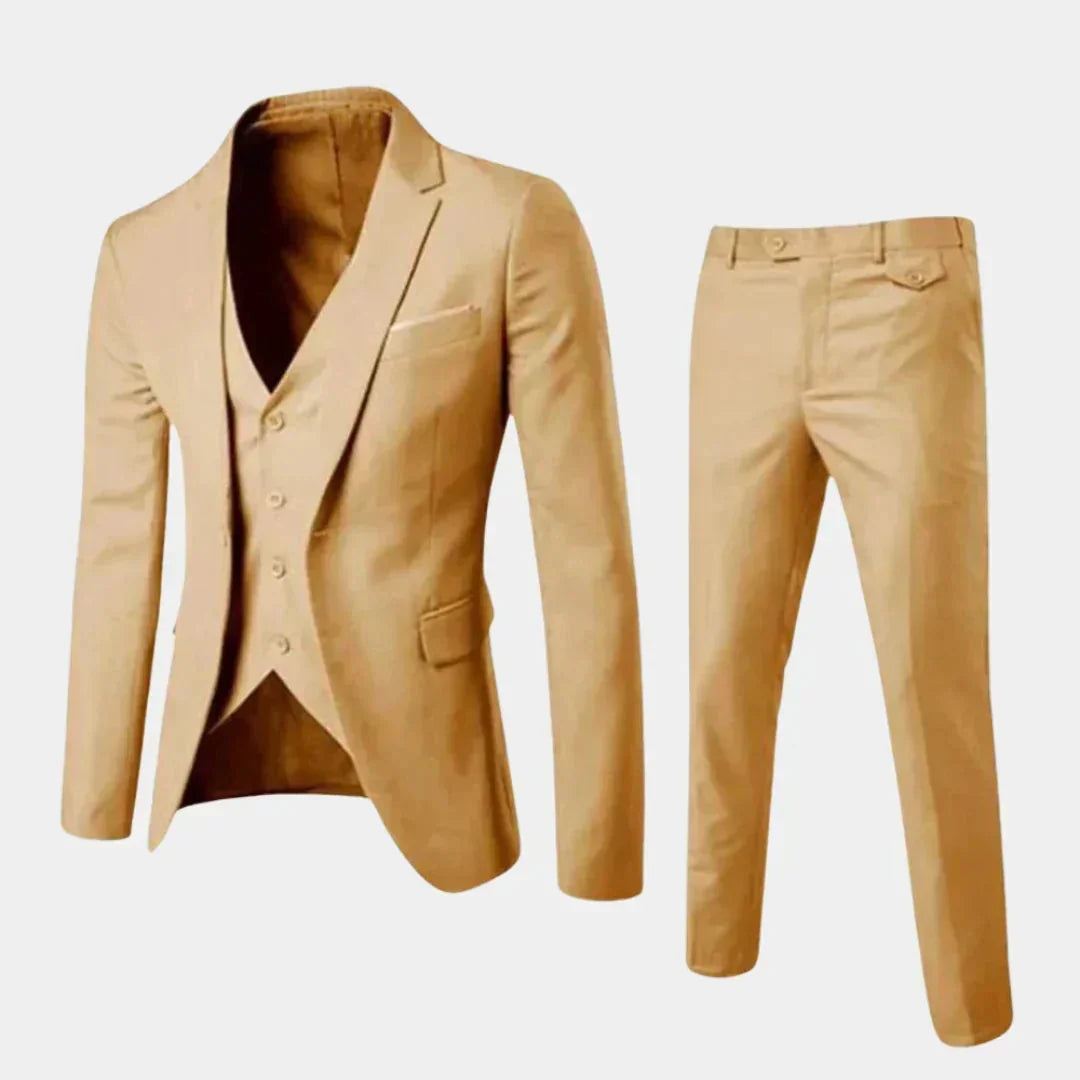 Beige Men's Tailored Two-Piece Suit with Notched Lapel & Slim-Fit Trousers