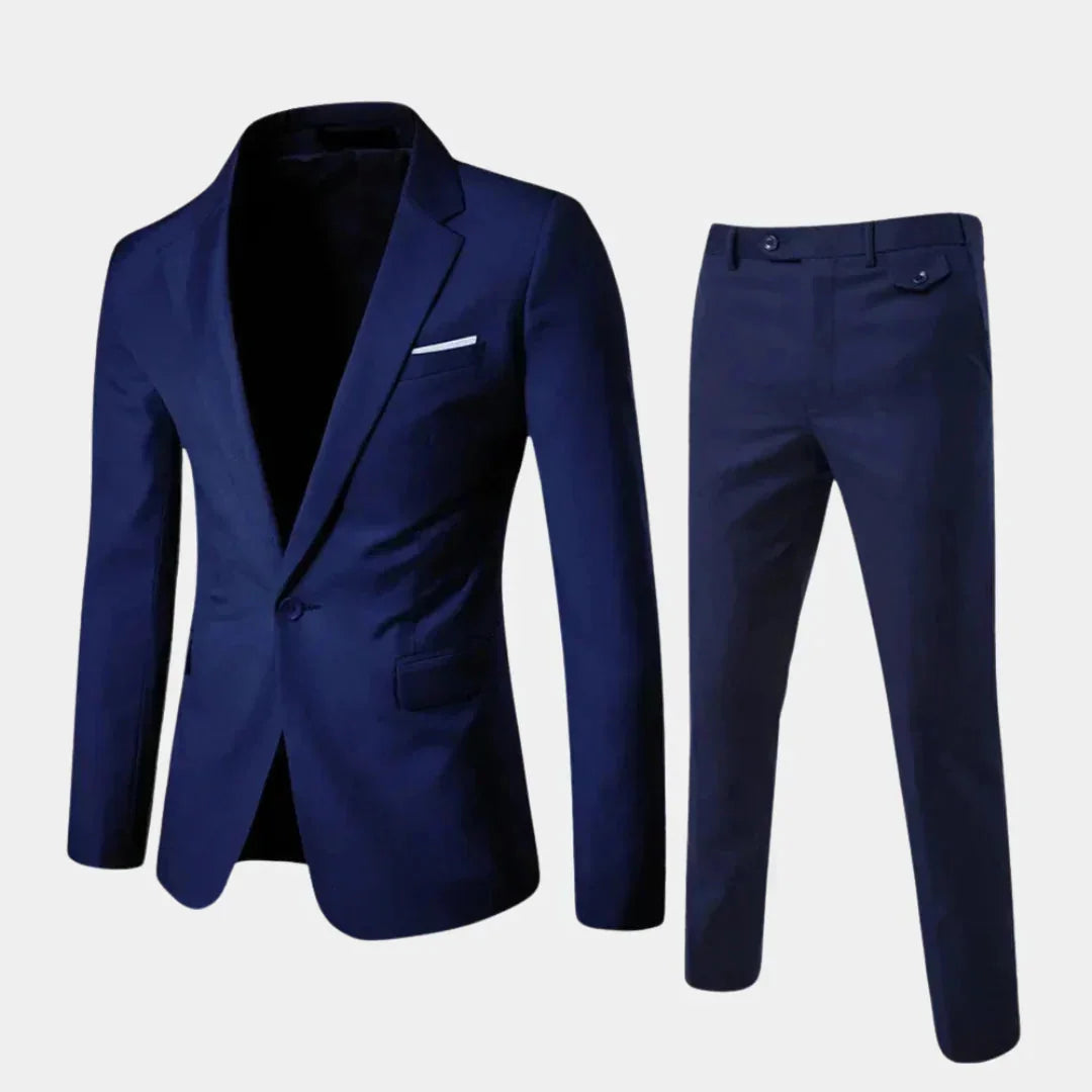Dark Blue Men's Tailored Two-Piece Suit with Notched Lapel & Slim-Fit Trousers - Front Full Suit Set