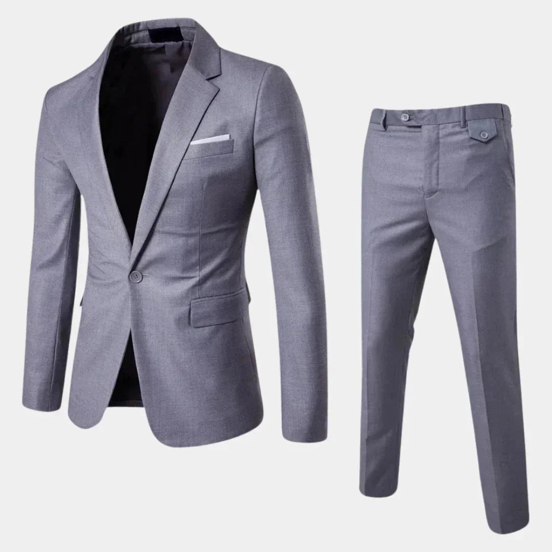Grey Men's Tailored Two-Piece Suit with Notched Lapel & Slim-Fit Trousers