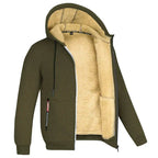 Army Green Men's Lined Jacket with Hood & Ribbed Cuffs - Three Quarter Open