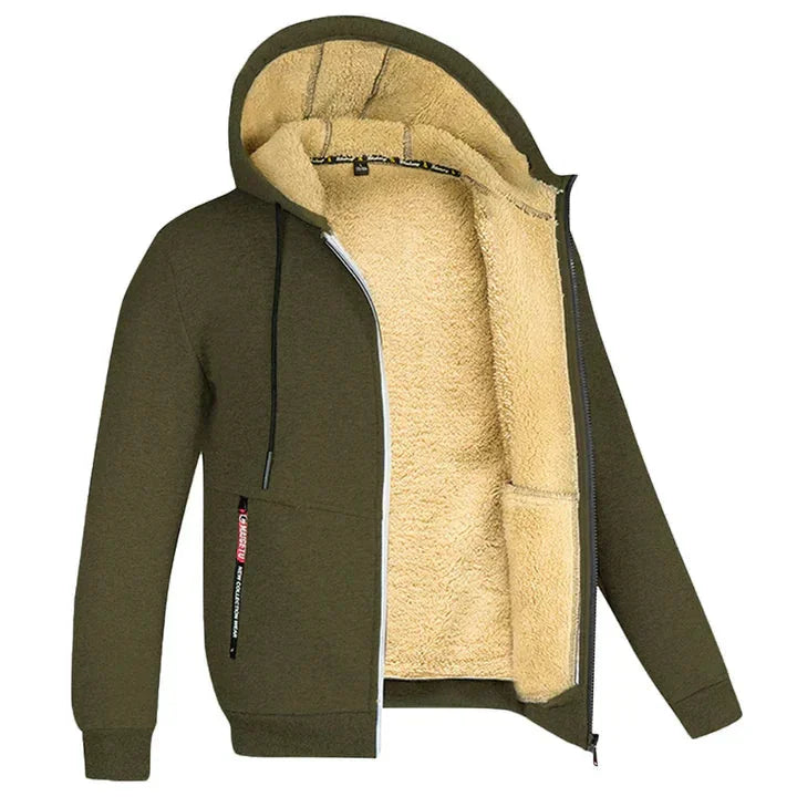 Army Green Men's Lined Jacket with Hood & Ribbed Cuffs - Three Quarter Open