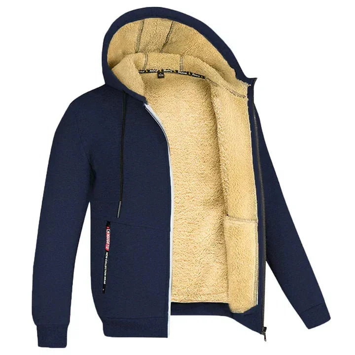 Navy Blue Men's Lined Jacket with Hood & Ribbed Cuffs - Side Detail Open