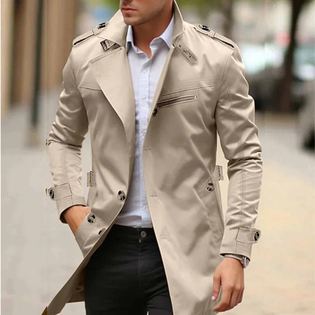 Beige Men's Trench Coat with Shoulder Epaulettes & Wide Lapel
