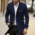 Blue Men's Trench Coat with Shoulder Epaulettes & Wide Lapel