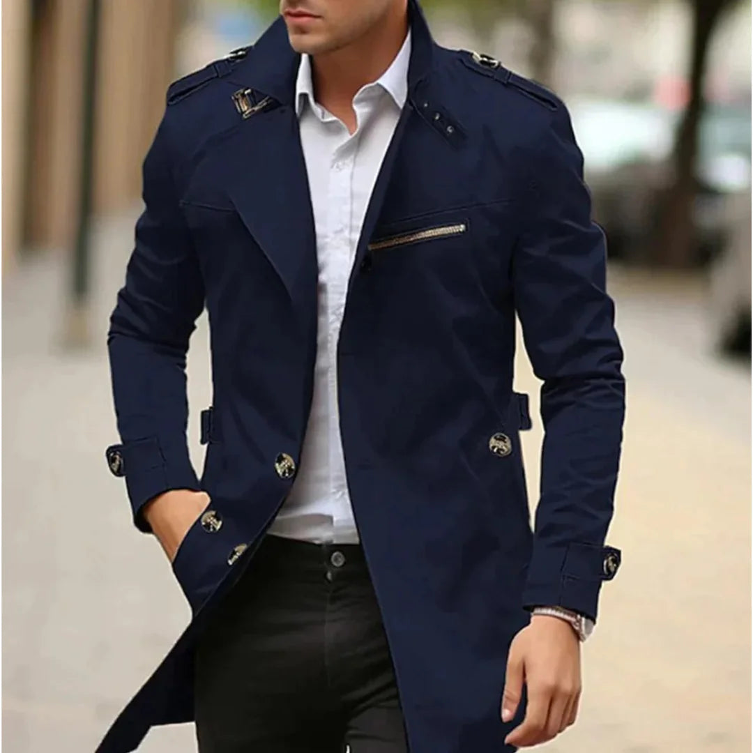 Blue Men's Trench Coat with Shoulder Epaulettes & Wide Lapel