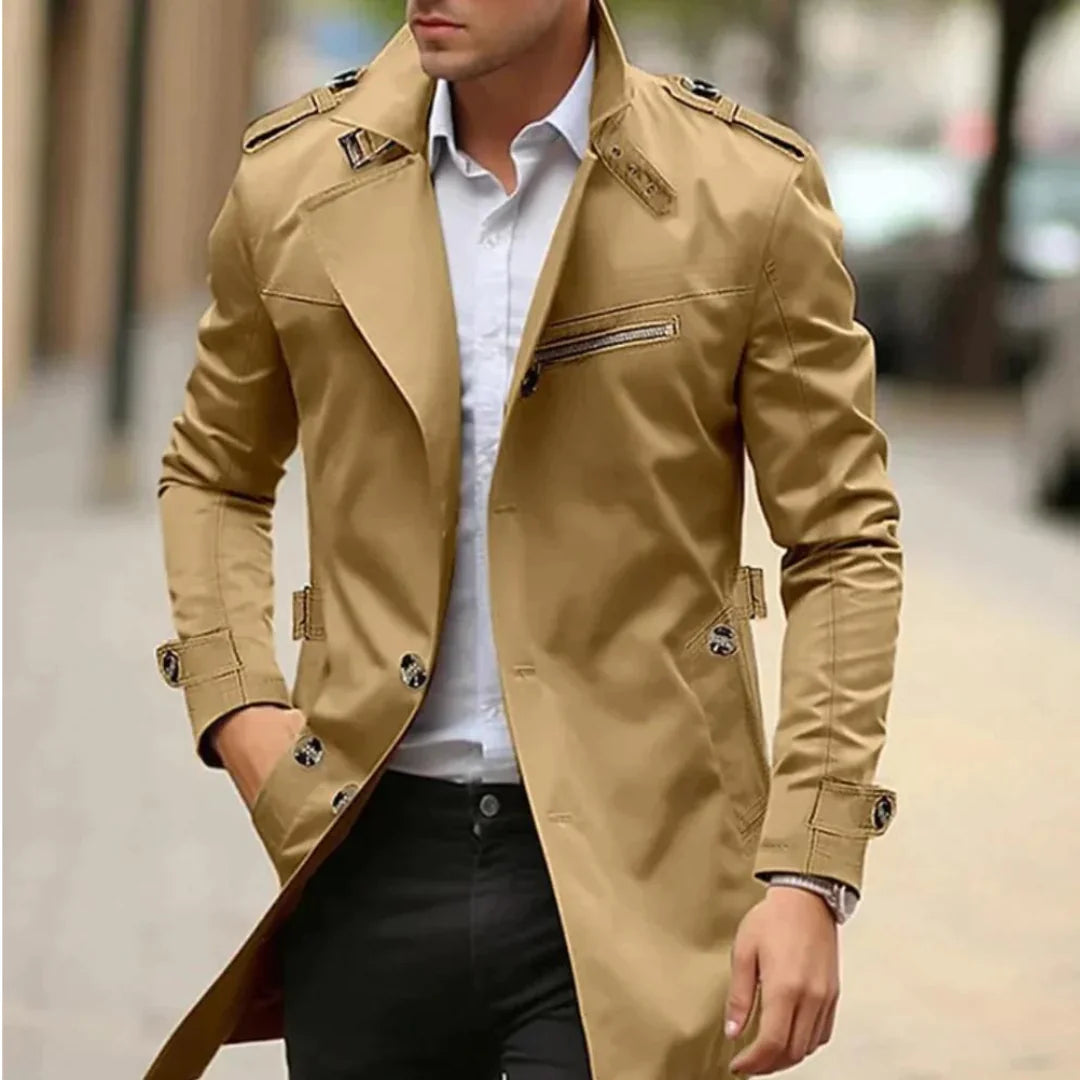Brown Men's Trench Coat with Shoulder Epaulettes & Wide Lapel — Emmett