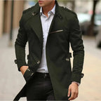 Green Men's Trench Coat with Shoulder Epaulettes & Wide Lapel