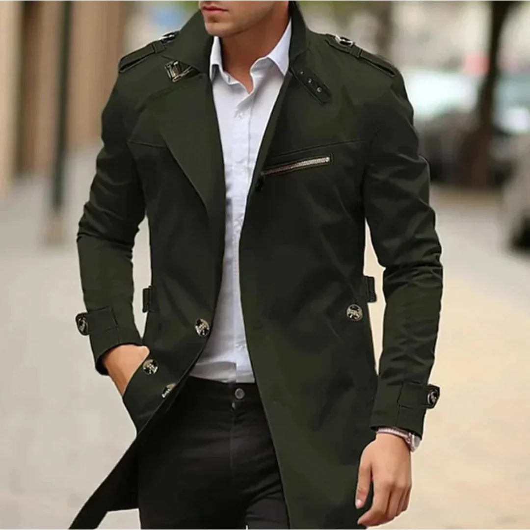 Green Men's Trench Coat with Shoulder Epaulettes & Wide Lapel