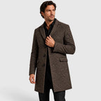 Men's V Neck Trench Coat with Slim Fit & Textured Wool Pattern - Front Hand Detail