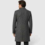 Men's V Neck Trench Coat with Slim Fit & Textured Wool Pattern - Back Full