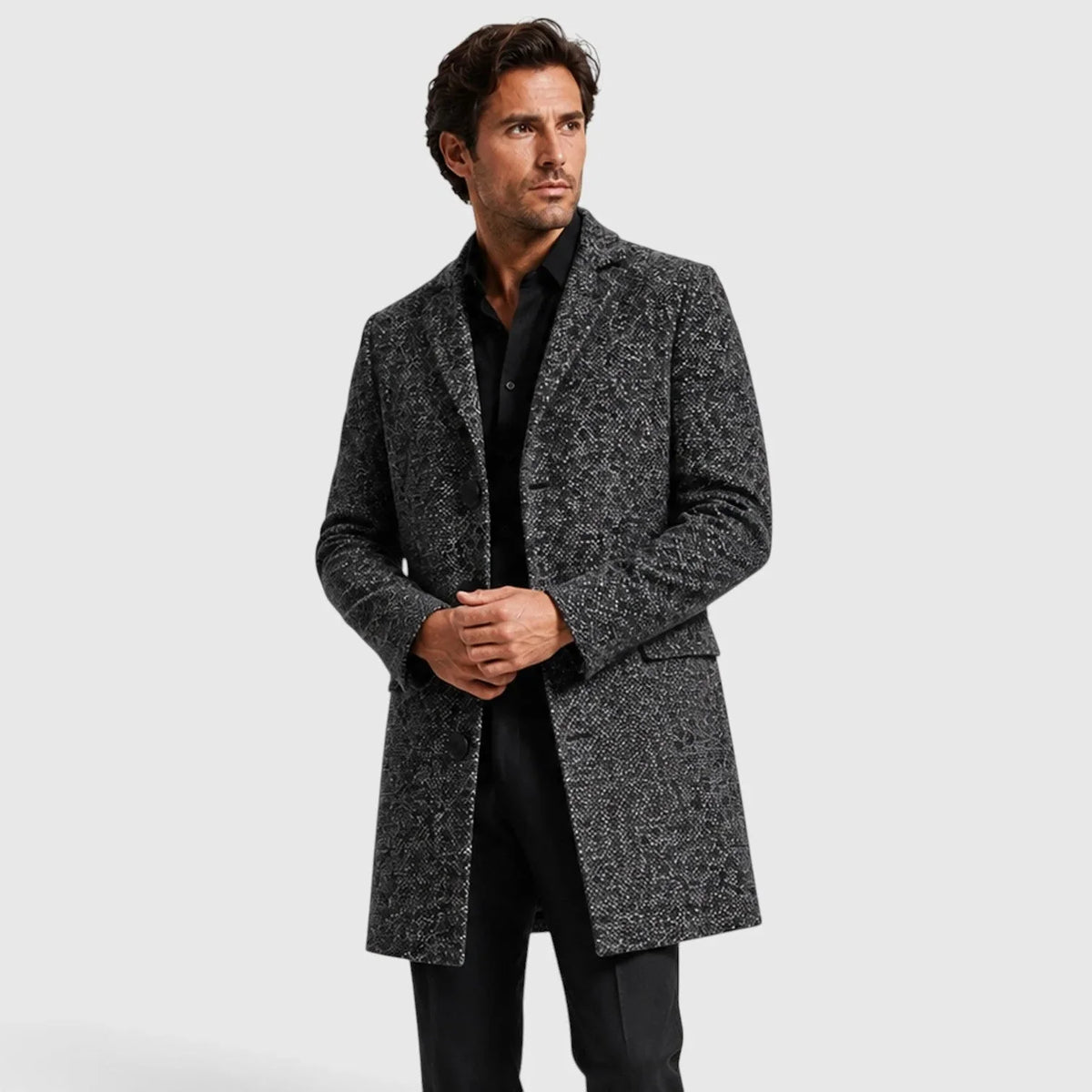 Men's V Neck Trench Coat with Slim Fit & Textured Wool Pattern - Front Full