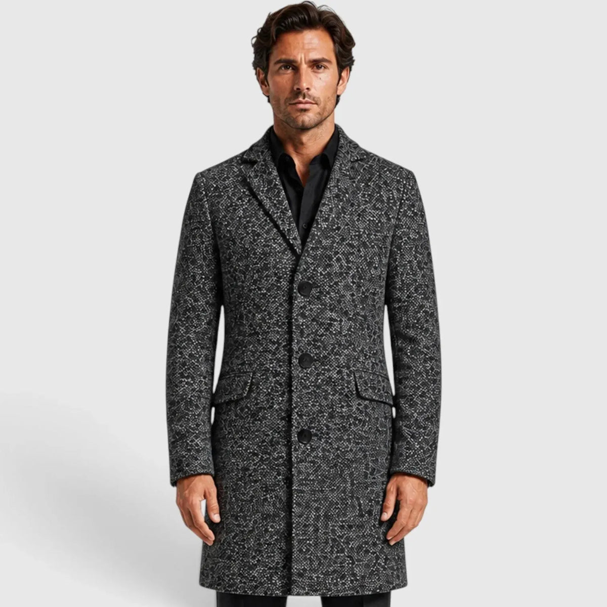 Dark Grey Men's V Neck Trench Coat with Slim Fit & Textured Wool Pattern - Front Hands Clasped