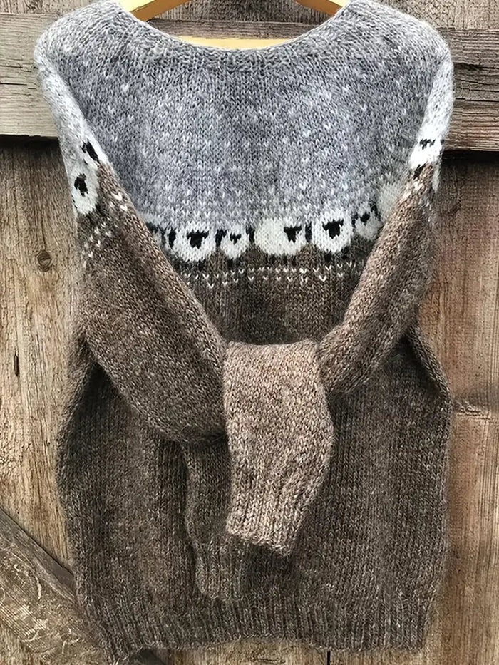 Gray Men's Vintage Sweater with Sheep Jacquard Pattern & Crew Neck