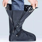 Black Men's Waterproof Shoe Covers with Non-Slip Sole & Zip Closure - Putting On Detail