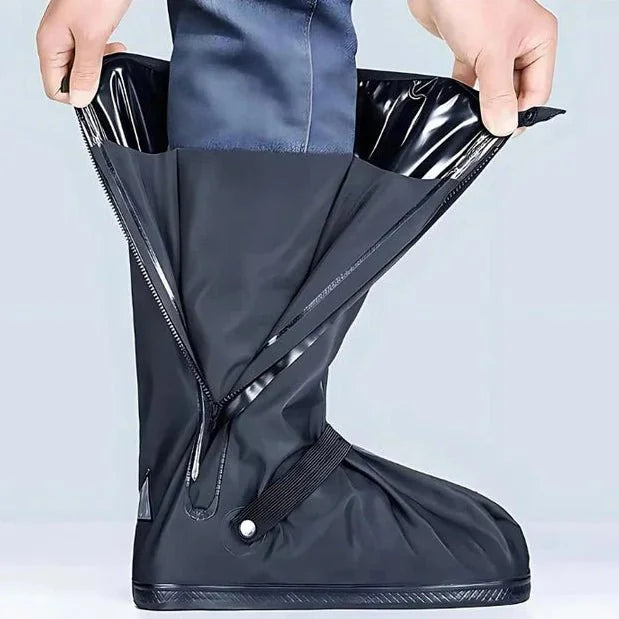 Black Men's Waterproof Shoe Covers with Non-Slip Sole & Zip Closure - Putting On Detail