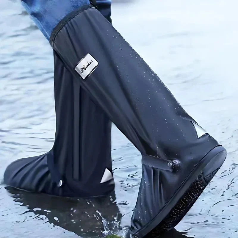 Black Men's Waterproof Shoe Covers with Non-Slip Sole & Zip Closure - Side Profile Water