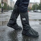 Black Men's Waterproof Shoe Covers with Non-Slip Sole & Zip Closure - Outdoor Walking Pose