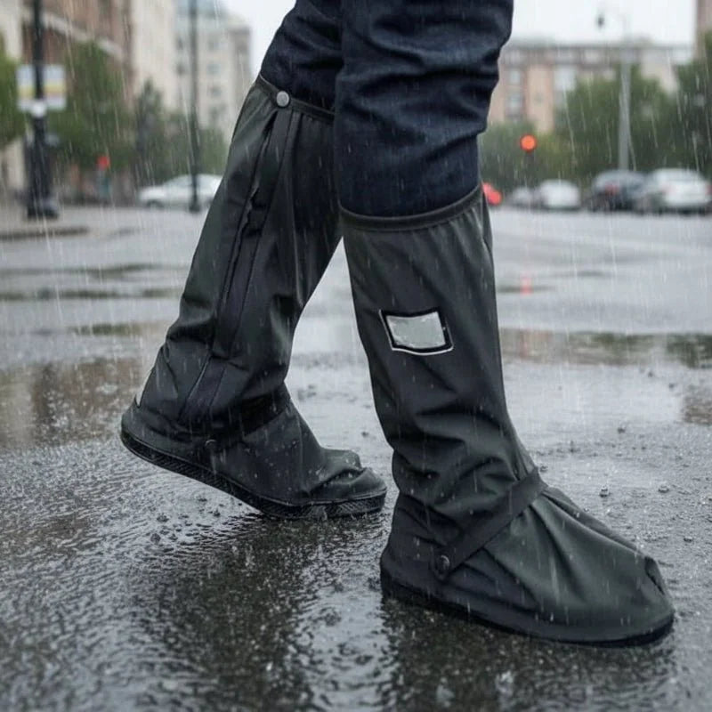 Black Men's Waterproof Shoe Covers with Non-Slip Sole & Zip Closure - Outdoor Walking Pose