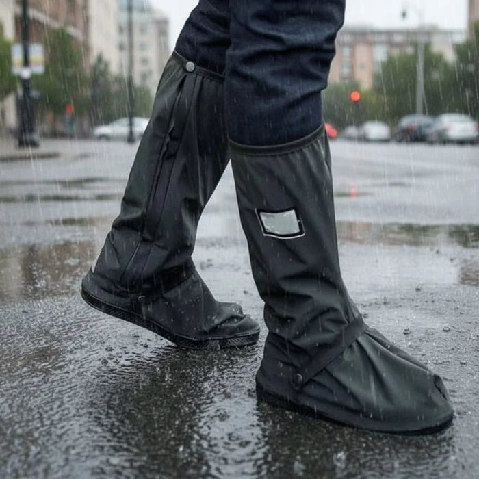 Black Men's Waterproof Shoe Covers with Non-Slip Sole & Zip Closure - Outdoor Walking Pose