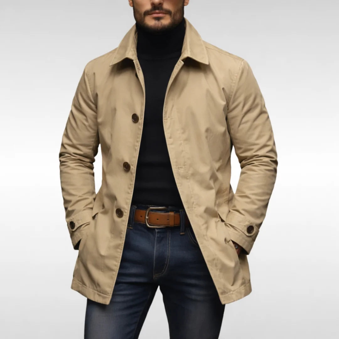 Beige Men's Waterproof Trench Coat with Structured Collar & Button-Front Closure
