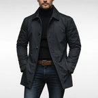 Black Men's Waterproof Trench Coat with Structured Collar & Button-Front Closure