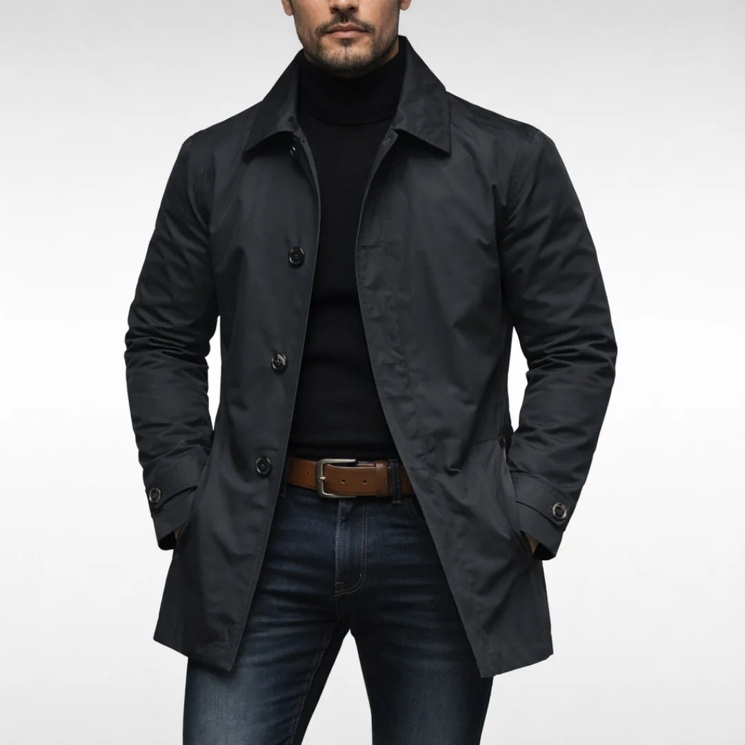 Black Men's Waterproof Trench Coat with Structured Collar & Button-Front Closure