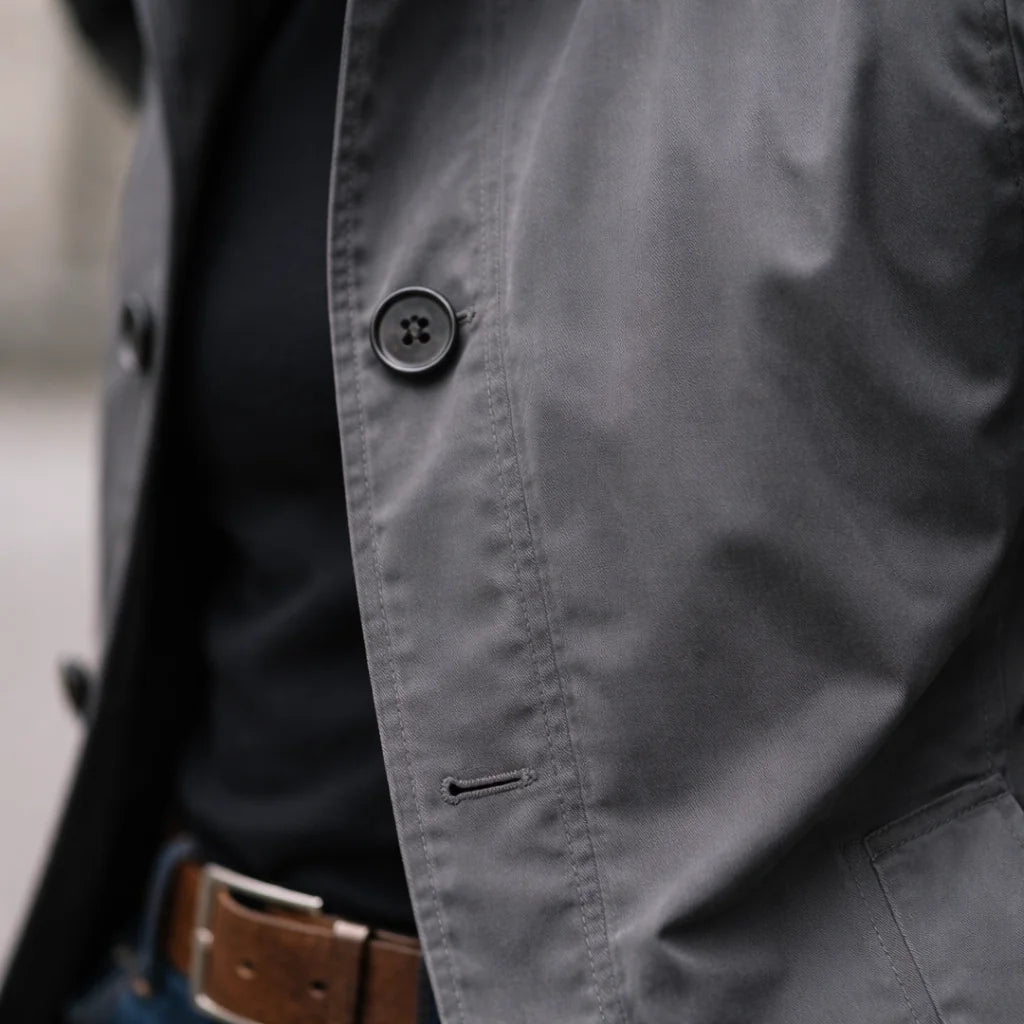 Grey Men's Waterproof Trench Coat with Structured Collar & Button-Front Closure — Wesley - Button Close Up