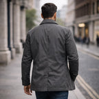 Grey Men's Waterproof Trench Coat with Structured Collar & Button-Front Closure — Wesley - Outdoor Back View