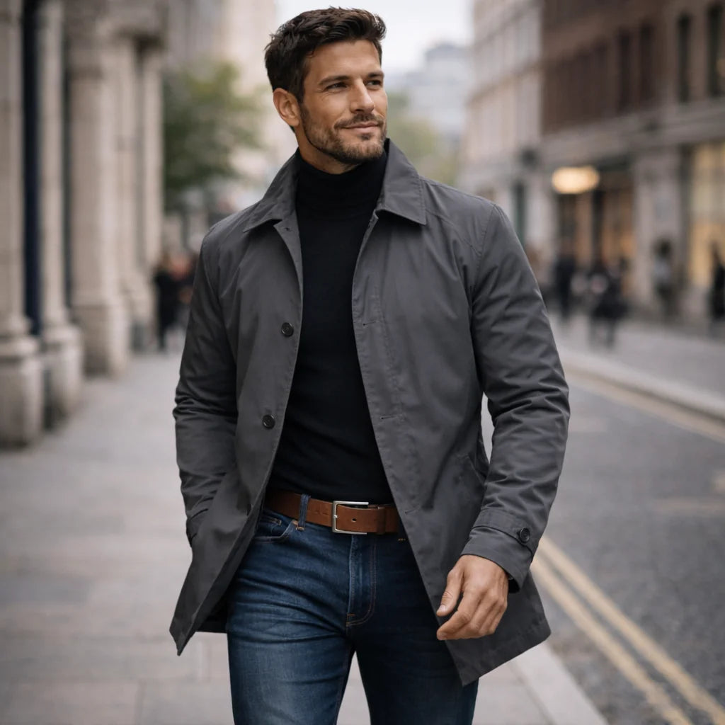 Men's Waterproof Trench Coat with Structured Collar & Button-Front Closure - Outdoor Front Pose
