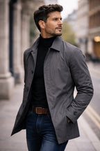 Grey Men's Waterproof Trench Coat with Structured Collar & Button-Front Closure — Wesley - Outdoor Side Pose