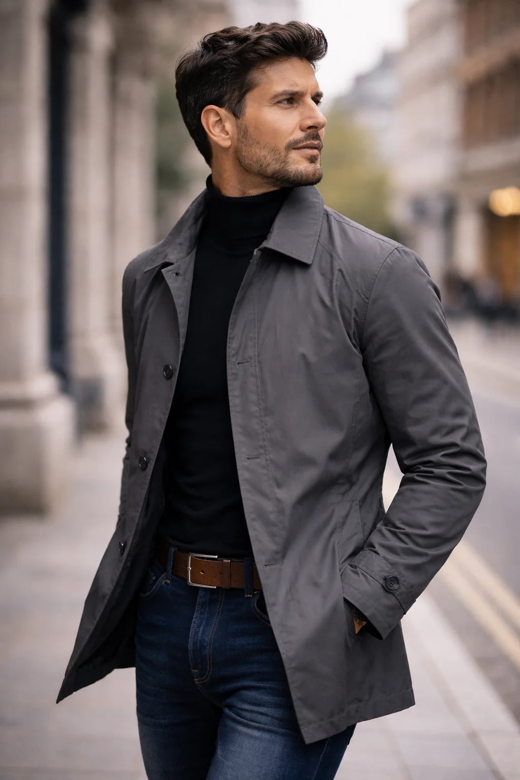 Grey Men's Waterproof Trench Coat with Structured Collar & Button-Front Closure — Wesley - Outdoor Side Pose