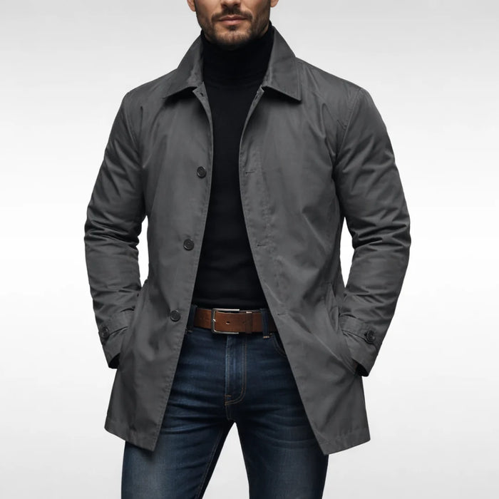 Grey Men's Waterproof Trench Coat with Structured Collar & Button-Front Closure