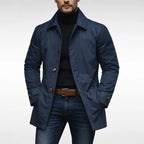 Navy Blue Men's Waterproof Trench Coat with Structured Collar & Button-Front Closure - Front Studio