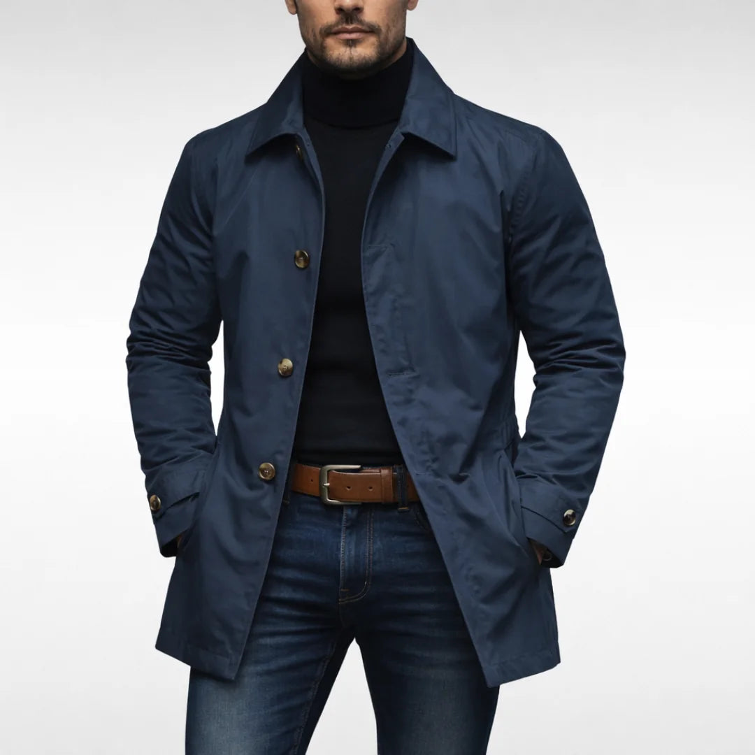 Navy Blue Men's Waterproof Trench Coat with Structured Collar & Button-Front Closure - Front Studio