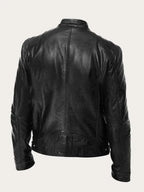 Men's Leather Jacket with Zip-Front Closure & Snap-Button Collar - Back Detail