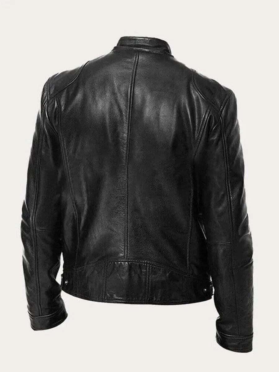 Men's Leather Jacket with Zip-Front Closure & Snap-Button Collar - Back Detail