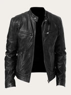 Black Men's Leather Jacket with Zip-Front Closure & Snap-Button Collar