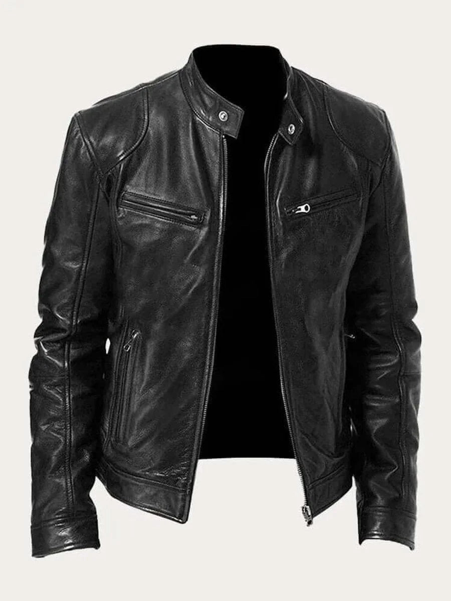 Black Men's Leather Jacket with Zip-Front Closure & Snap-Button Collar