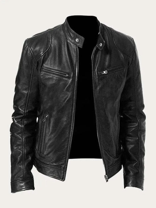 Black Men's Leather Jacket with Zip-Front Closure & Snap-Button Collar