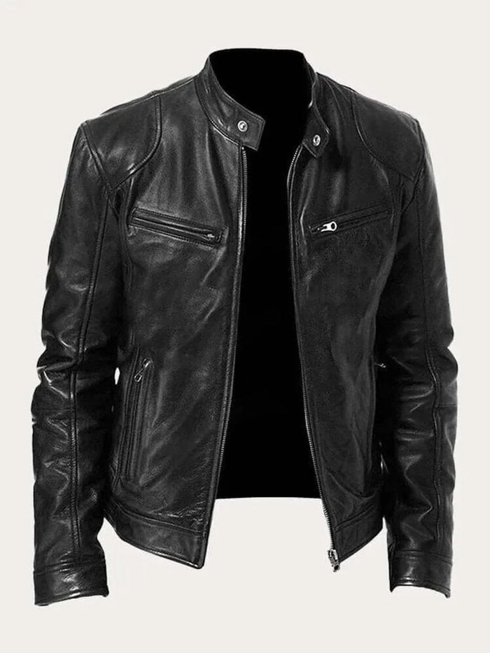 Black Men's Leather Jacket with Zip-Front Closure & Snap-Button Collar