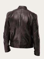 Men's Leather Jacket with Zip-Front Closure & Snap-Button Collar - Back Detail
