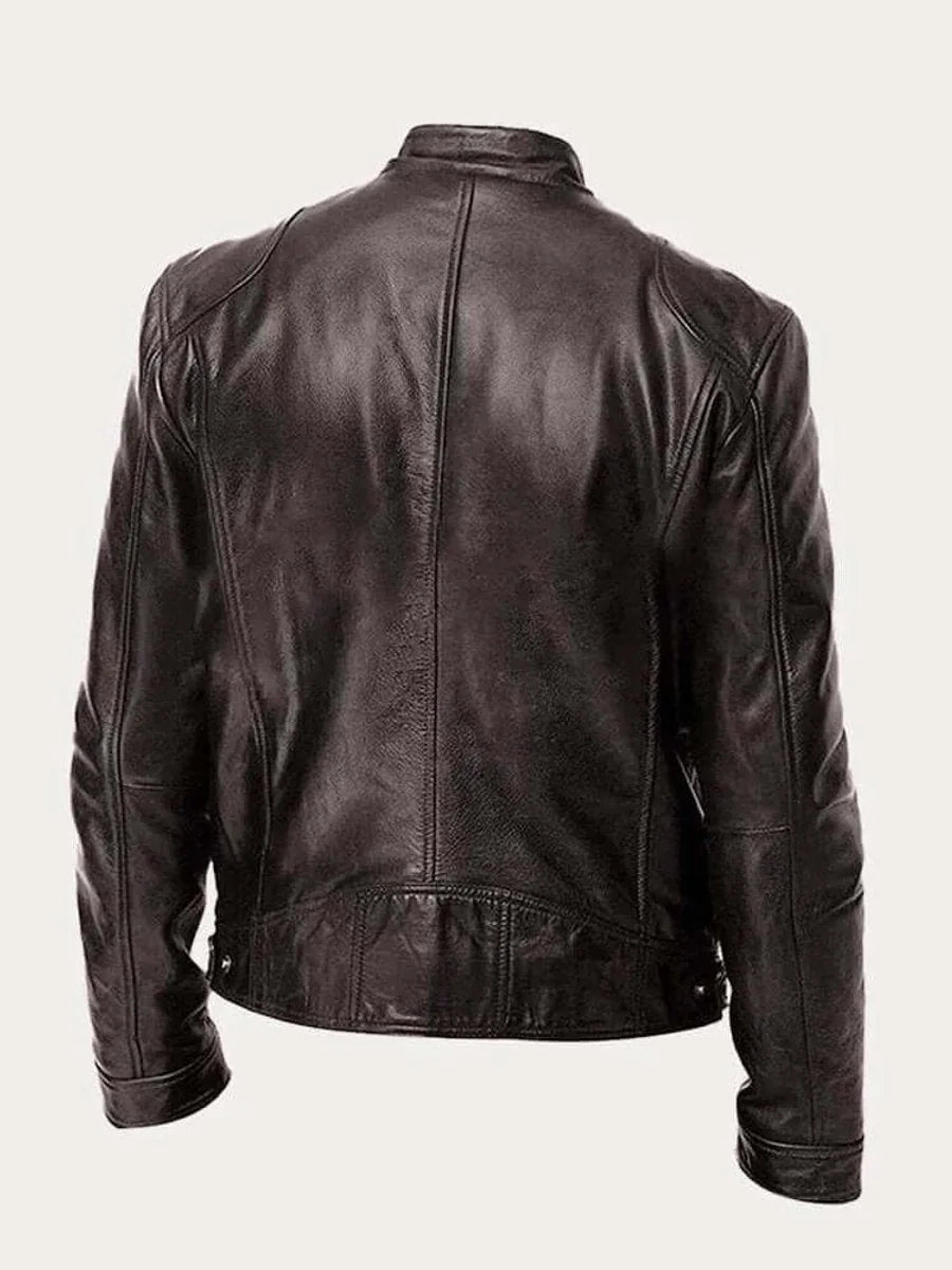 Men's Leather Jacket with Zip-Front Closure & Snap-Button Collar - Back Detail