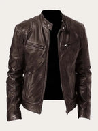 Brown Men's Leather Jacket with Zip-Front Closure & Snap-Button Collar