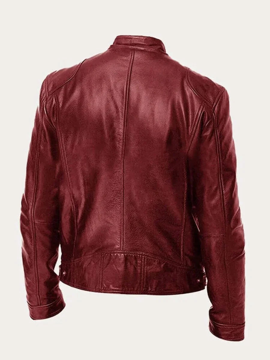 Men's Leather Jacket with Zip-Front Closure & Snap-Button Collar - Back Detail