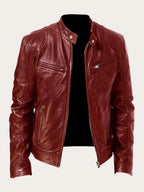 Burgundy Men's Leather Jacket with Zip-Front Closure & Snap-Button Collar - Front Full