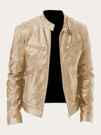 Gold Men's Leather Jacket with Zip-Front Closure & Snap-Button Collar